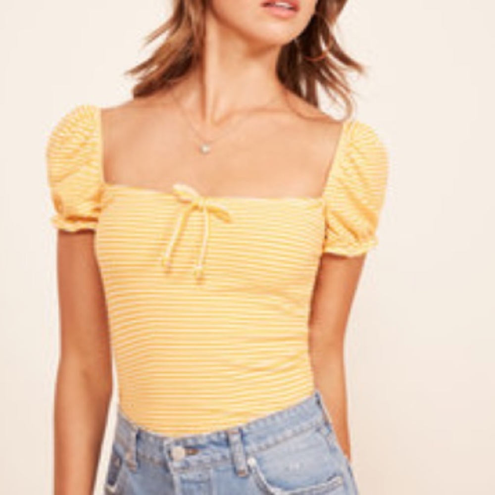 Reformation Lydia top, yellow/white stripe, size M